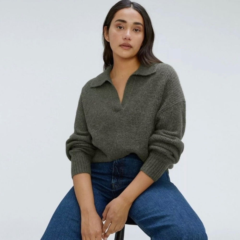 Everlane | The Alpaca Wafflestitch Polo Sweater Green Knit V-Neck Size XL